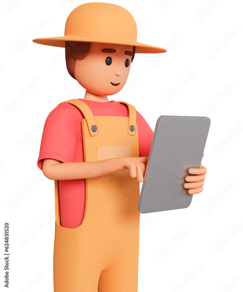Farmer in overalls using tablet 3d illustration Farmer in overalls using tablet 3d illustration