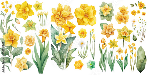 Stampa su tela Set of daffodil flower yellow color color Watercolor, spring collection of hand drawn flowers , Botanical plant illustration , elegant watercolor ,transparent background, PNG