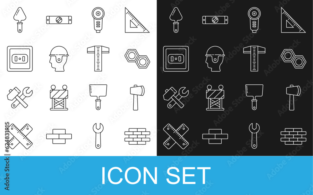 Set line Bricks, Wooden axe, Hexagonal metal nut, Angle grinder, Worker safety helmet, Electrical outlet, Trowel and T-square line icon. Vector