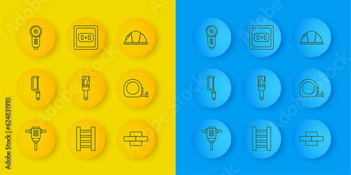 Set line Electric rotary hammer drill, Hacksaw, Paint brush, Bricks, Roulette construction, Angle grinder, Worker safety helmet and Electrical outlet icon. Vector