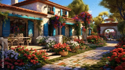 A traditional Mediterranean style villa photo realistic illustration - Generative AI.