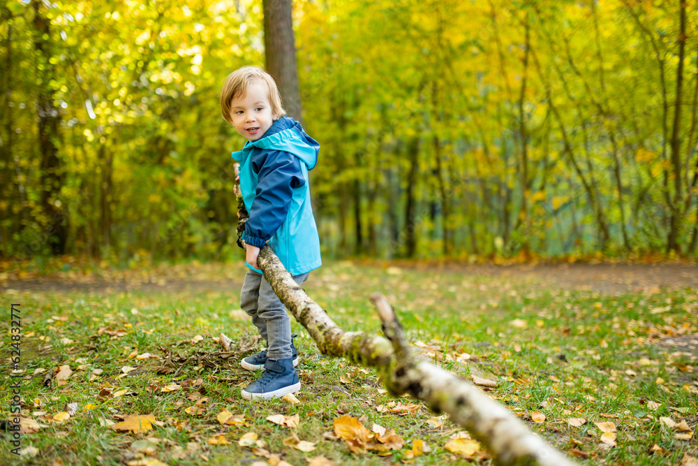 Funny toddler boy having fun outdoors on sunny autumn day. Child exploring nature. Kid playing in a city park. Autumn activities for kids. Funny toddler boy having fun outdoors on sunny autumn day. Child exploring nature. Kid playing in a city park. Autumn activities for kids.