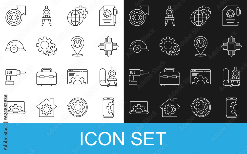 Set line Setting on smartphone, Processor with microcircuits CPU, Globe of the Earth gear, Gear, Worker safety helmet, arrows workflow process and Location wrench spanner icon. Vector