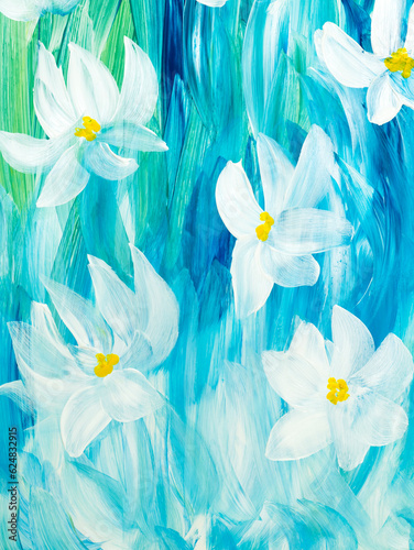 Abstract white flowers on blue  original hand drawn  impressionism style  color texture  brush strokes of paint  art background.