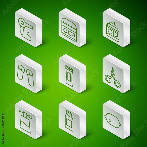 Set line Lemon, Bottle with milk, Hair dryer, of shampoo, Slipper, Cream or lotion cosmetic tube, Perfume and Scissors icon. Vector