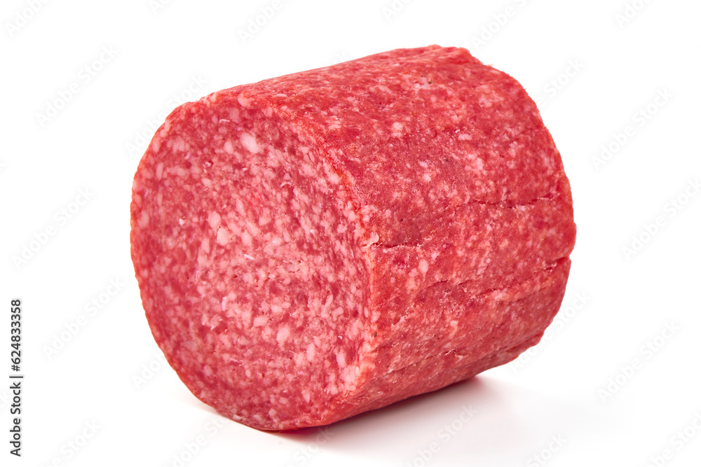 Salami smoked sausage, Traditional dry-cured Milano salami, isolated on white background. High resolution image. Salami smoked sausage, Traditional dry-cured Milano salami, isolated on white background. High resolution image.