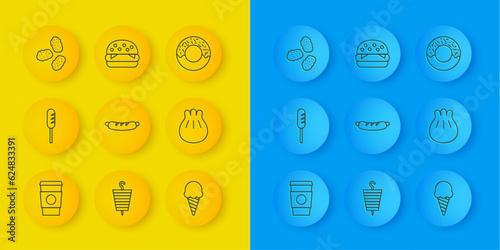 Set line Coffee cup to go, Fried sausage, Hotdog sandwich, Ice cream in waffle cone, Khinkali cutting board, Chicken nuggets, Donut and Burger icon. Vector