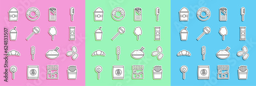 Set line Potatoes french fries in box, Chicken nuggets, Chocolate bar, Doner kebab, Lollipop, Milkshake, Popcorn and Cotton candy icon. Vector photo
