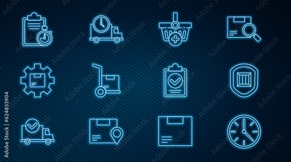 Set line Clock, Delivery security with shield, Add to Shopping basket, Hand truck and boxes, Gear wheel package, Verification of delivery list clipboard, and Logistics clock icon. Vector Set line Clock, Delivery security with shield, Add to Shopping basket, Hand truck and boxes, Gear wheel package, Verification of delivery list clipboard, and Logistics clock icon. Vector