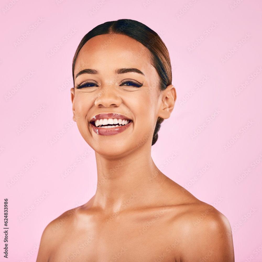 Skincare, beauty and portrait of happy woman with makeup, wellness and glow on pink background. Cosmetics, dermatology and model with luxury facial care results and healthy spa aesthetic in studio. Skincare, beauty and portrait of happy woman with makeup, wellness and glow on pink background. Cosmetics, dermatology and model with luxury facial care results and healthy spa aesthetic in studio.