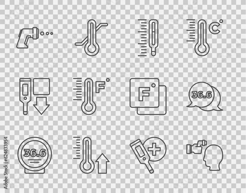 Set line Medical thermometer, Checking body temperature, Meteorology, Digital, and icon. Vector