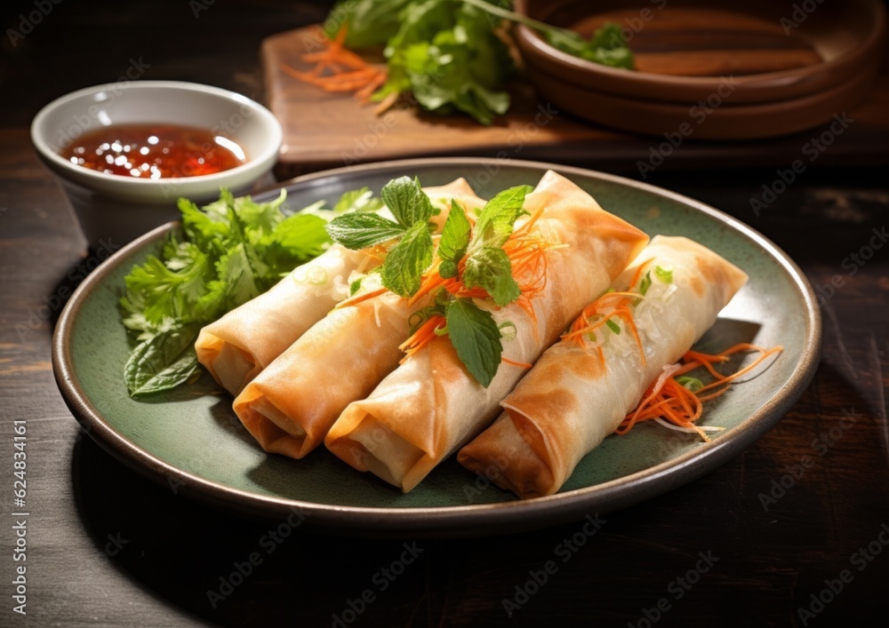 freshly made Spring Rolls, cut in halves, revealing the vibrant ingredients inside, on a white ceramic dish freshly made Spring Rolls, cut in halves, revealing the vibrant ingredients inside, on a white ceramic dish