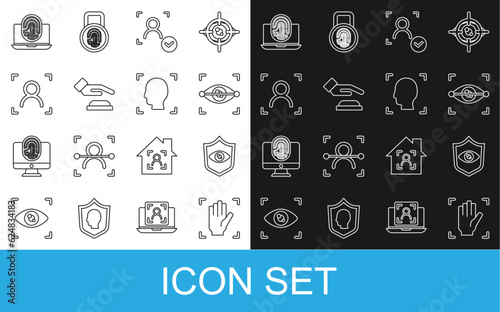 Set line Palm print recognition, Shield eye scan, Eye, Face, Laptop with fingerprint and icon. Vector