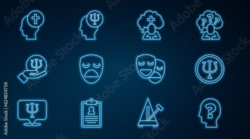 Set line Head with question mark, Psychology, Psi, Man graves funeral sorrow, Drama theatrical mask, Comedy and tragedy masks and icon. Vector