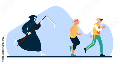 Athletic lifestyle as guarantee of longevity. Grandpa and grandma run away from reaper of death. Grandparents active exercises. Healthy elderly people. Sport activity. Vector concept