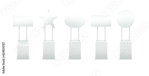 Advertising promotional stands. Realistic modern simple rack or counters multiple promotional desk with sign top clean empty promo tables with signboard white mockup. Vector