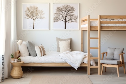 Bright and natural children s bedroom interior with wooden furniture designer equipment and a poster on a white wall