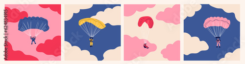 Skydivers flying with parachutes. Set of tiny cute characters. Hand drawn colorful illustration. Isolated design elements. Paragliding, skydiving, parachute jump, extreme sport, activities concept