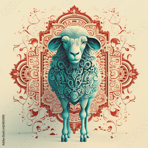 Eid Adha Mubarak Greeting Islamic Illustration Background. Islamic-themed ambiance enhances the beauty of the sheep