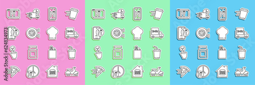 Set line Scooter delivery, Paper glass with water, Fast by car, Online ordering and, Donut, and Chef hat icon. Vector