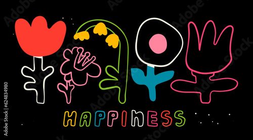 Various abstract Flowers. Set of outline quirky unique design elements. Sticker, poster, print templates. Hand drawn trendy Vector illustration. All elements are isolated