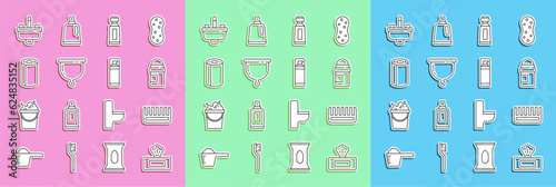 Set line Wet wipe pack, Hairbrush, Antiperspirant deodorant roll, Tube of toothpaste, Menstrual cup, Paper towel, Washbasin with water tap and Shaving gel foam icon. Vector