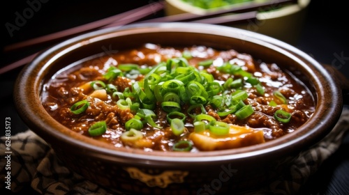 Mapo Doufu, glistening with sauce and garnished with green onions, nestled in a traditional Chinese bowl