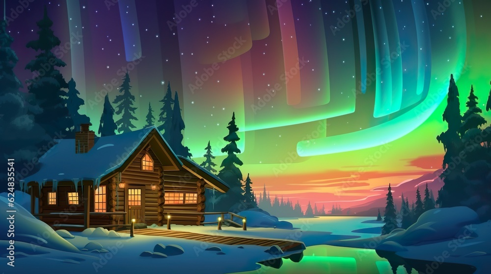 Abstract background aurora borealis. Banner design showcasing a neon-colored illustration of the breathtaking aurora borealis set against a scenic village background. Generative AI.