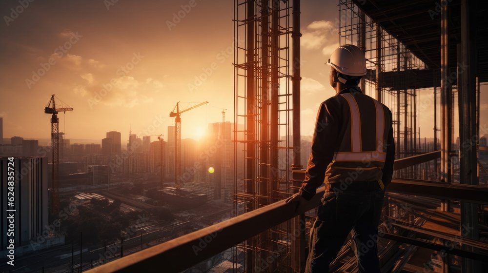 Engineer or architect working on construction site with sunset sky background. Generative AI.