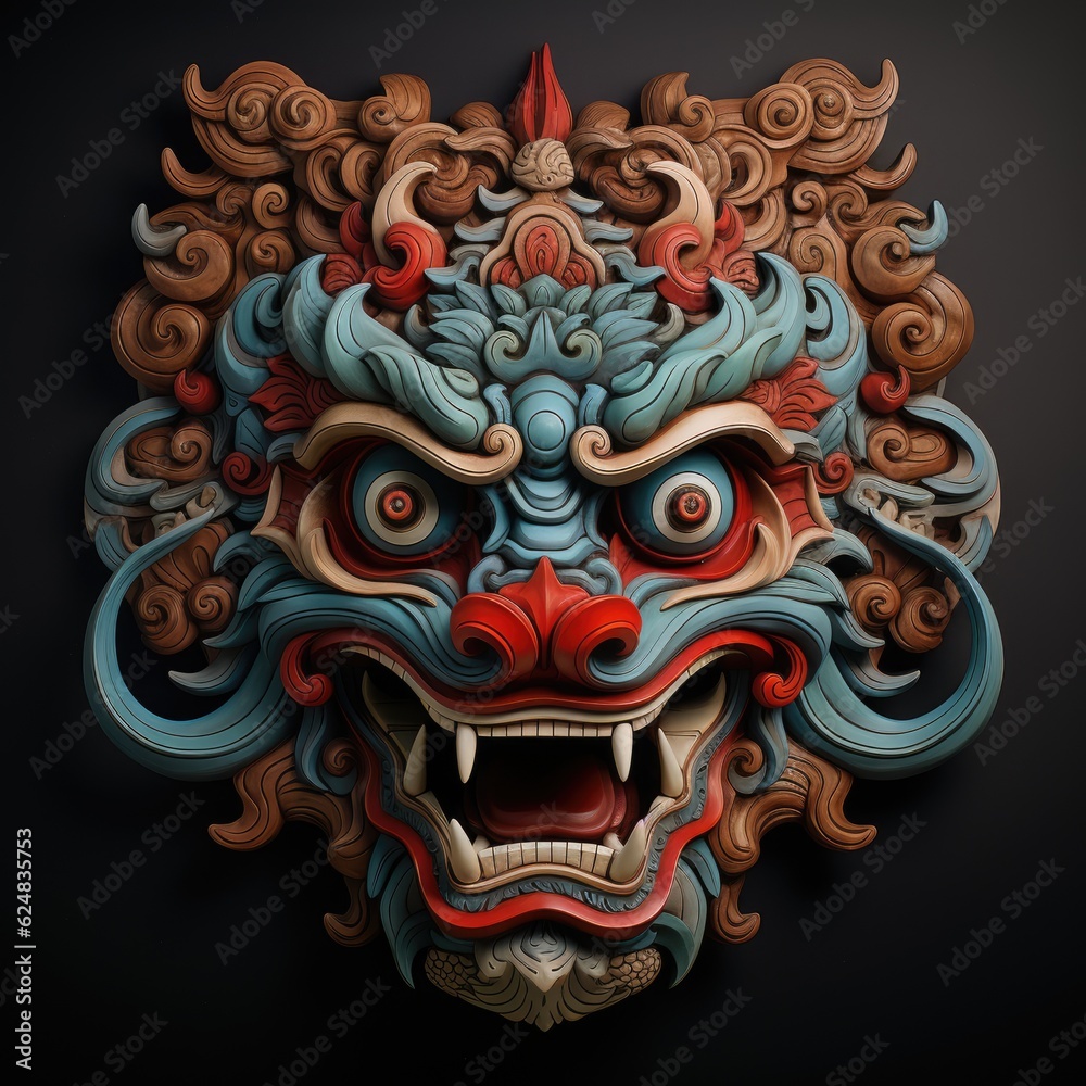 The face of a Chinese dragon on a black background. Generative AI.