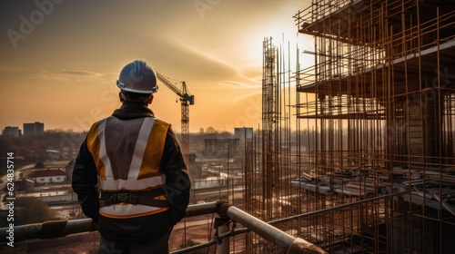 Engineer or architect on construction site with building under construction with sunset. Generative AI.
