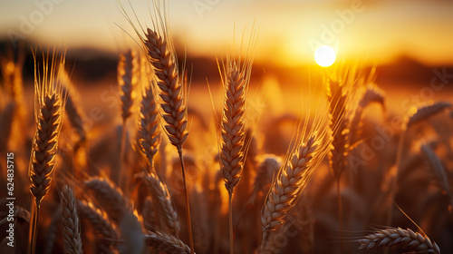 A field of wheat with the sun setting in the background. Generative AI.