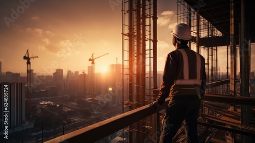 Engineer or architect working on construction site with sunset sky background. Generative AI.
