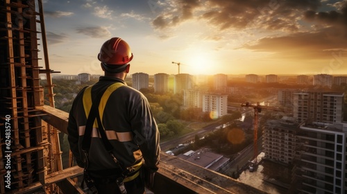 Engineer or architect working on construction site with sunset sky background. Generative AI.