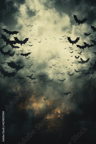A group of bats flying through a cloudy sky. Generative AI.