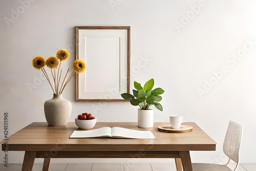 modern living room, Empty wooden picture frame, poster mockup hanging on beige wall background, Blank picture frame mockup in Scandinavian style over white wall with green eucalyptus in vase