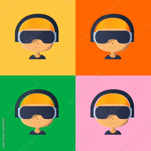 Person with virtual reality glasses. Colltction: four background options. Isolated avatar. Vector svg minimalistic illustration.