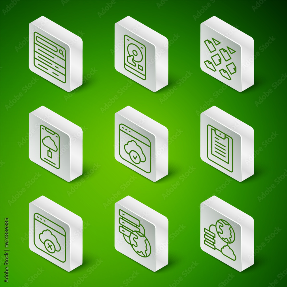 Set line Network cloud connection, Search engine, Cloud technology data transfer, Hard disk drive HDD, Failed access storage and Server, Data report icon. Vector Set line Network cloud connection, Search engine, Cloud technology data transfer, Hard disk drive HDD, Failed access storage and Server, Data report icon. Vector