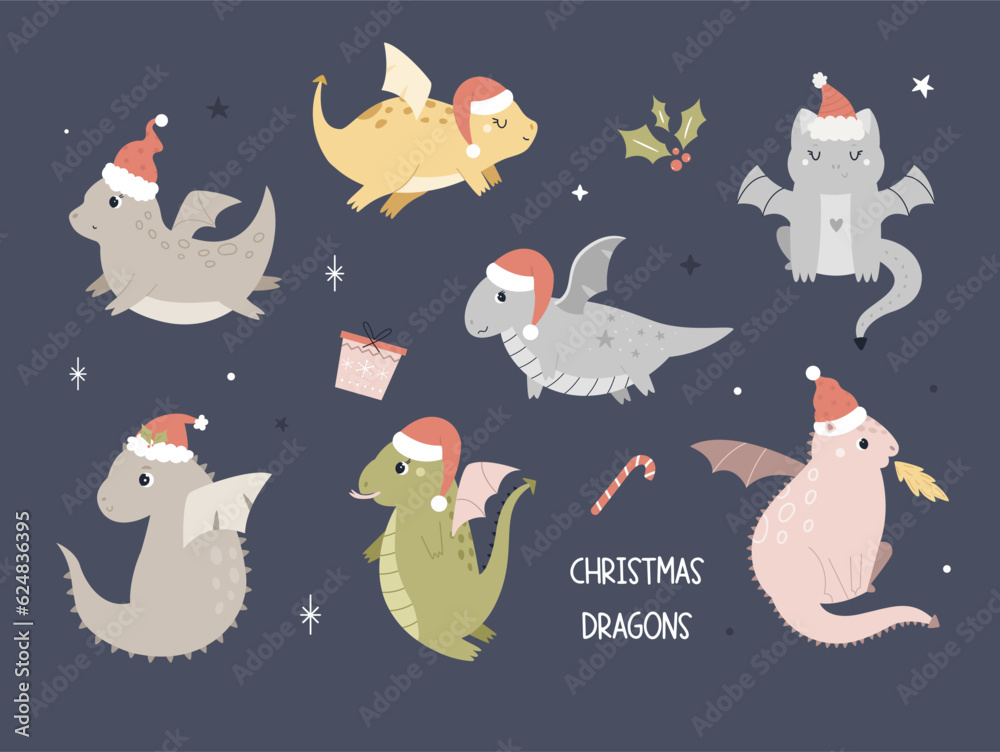 Set of cute Christmas dragons in santas hats. Adorable holiday animal characters, mascots Set of cute Christmas dragons in santas hats. Adorable holiday animal characters, mascots