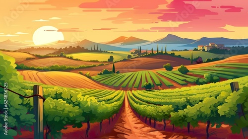 Abstract background vineyard. A captivating banner design showcasing a beautifully illustrated vineyard with a mesmerizing sunset backdrop. Generative AI.
