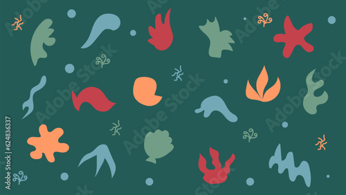 Background pattern with undersea inhabitants and abstract spots on green background, perfect for kids apparel, fabric, textile, nursery decoration, wrapping paper. Print for clothes. Vector.
