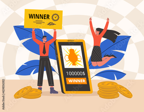 Cartoon casino winners. Happy couple with big check. Victory coupon. Online jackpot. Golden coins stacks. Funny joyful gamblers. Mobile phone app. Fortune game. Lucky people. Vector concept