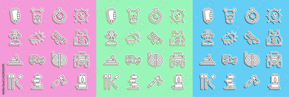 Set line Camping lantern, Off road car, Hunting jacket, Compass, Cloud with rain, African tribe male, Carabiner and Fishing rod icon. Vector Set line Camping lantern, Off road car, Hunting jacket, Compass, Cloud with rain, African tribe male, Carabiner and Fishing rod icon. Vector