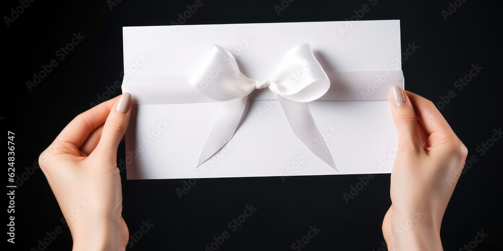 Blank white piece of paper with gift silk ribbon bow holding in women's hands isolated on flat black background, copy space, gift certificate template. Blank white piece of paper with gift silk ribbon bow holding in women's hands isolated on flat black background, copy space, gift certificate template.