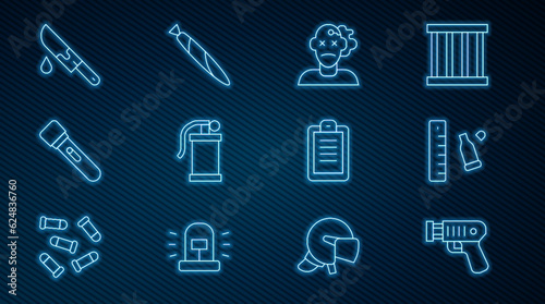 Set line Police electric shocker, Bullet casing with ruler, Murder, Hand smoke grenade, Flashlight, Bloody knife, report and Marijuana joint icon. Vector