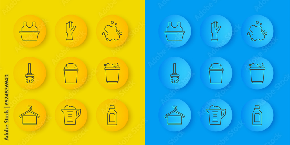 Set line Towel on hanger, Toilet brush, Trash can, Bottle for cleaning agent, Bucket with foam, Basin shirt, Water spill and Rubber gloves icon. Vector Set line Towel on hanger, Toilet brush, Trash can, Bottle for cleaning agent, Bucket with foam, Basin shirt, Water spill and Rubber gloves icon. Vector