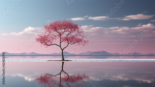 A lone tree is reflected in the water. Generative AI. © tilialucida