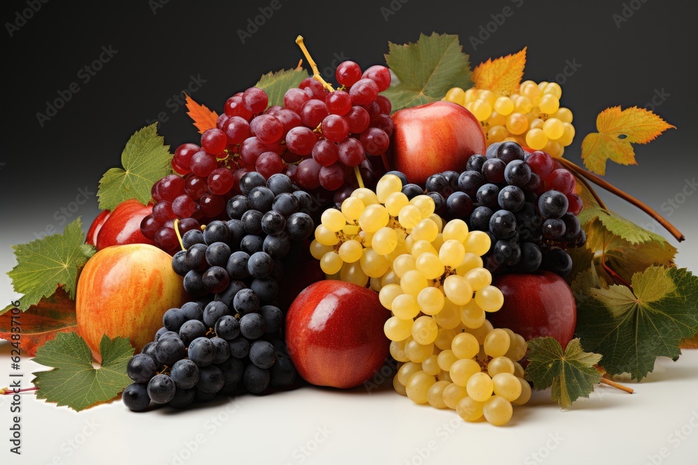 Set of juicy fruits: bunches of grapes and apples isolated on white background. Generative AI
