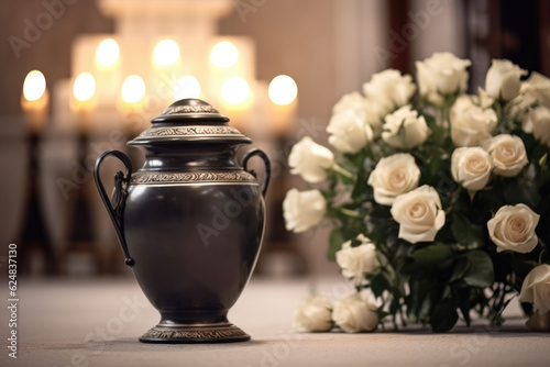 White roses and a black cremation urn with burning candles. Generative AI