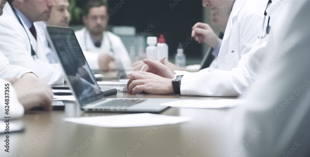 Medical team meeting in conference room in white lab coats and surgical scrubs seated at a table discussing and using computers in medical industry.
Medical team meeting in conference room in white lab coats and surgical scrubs seated at a table discussing and using computers in medical industry.